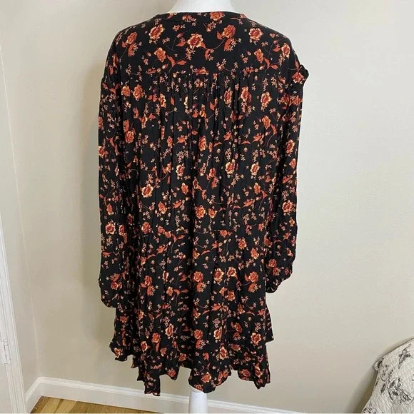 Free People | Flower Fields Black & Orange Floral Print Long Sleeve Mini Dress M - Picture 10 of 16